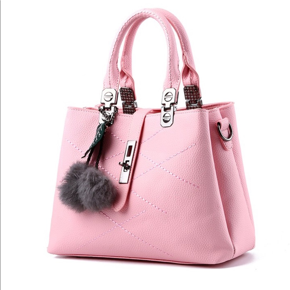 Women’s Pink Handbag / Purse with Grey Pom Pom